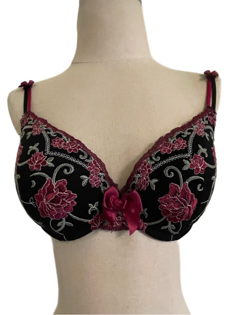 By Caprice Black Floral Embroidered Bra Pink Rose Lace Underwire Lingerie 34D